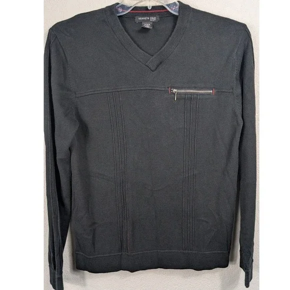 Kenneth Cole Mens Black V Neck Long Sleeve Sweater Size Medium Zip Chest Pocket - Picture 1 of 10
